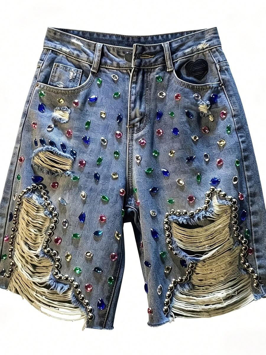 New European American Heavy Rhinestone Beaded Denim Shorts, High Waist Ripped Straight Bermuda Capris Summer Casual Bottoms | SHEIN