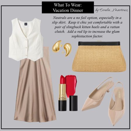 Neutrals are a no fail option, especially in a slip skirt.  Keeping chic, yet comfortable, with a pair of skipjack kitten heels and a rattan clutch.  Add a red lip for some glam sophistication.  It’s a great plus size vacation outfit for a nice dinner out.

#LTKplussize #LTKSeasonal #LTKsalealert