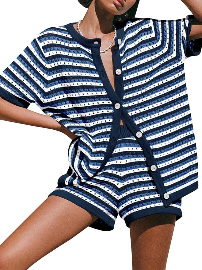 Saodimallsu Womens Crochet Swimsuit Coverup Summer Beach Sets Striped Knit Short Sleeve Button Sh... | Amazon (US)