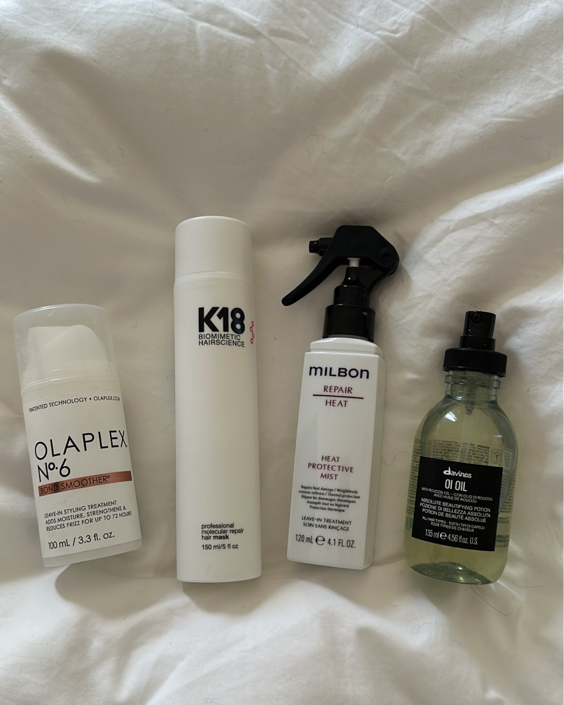 Hair essentials: 

Overnight mask with Olaplex
K18 after shampoo
Pre blowout with Milbon
Finish with Oi Oil 