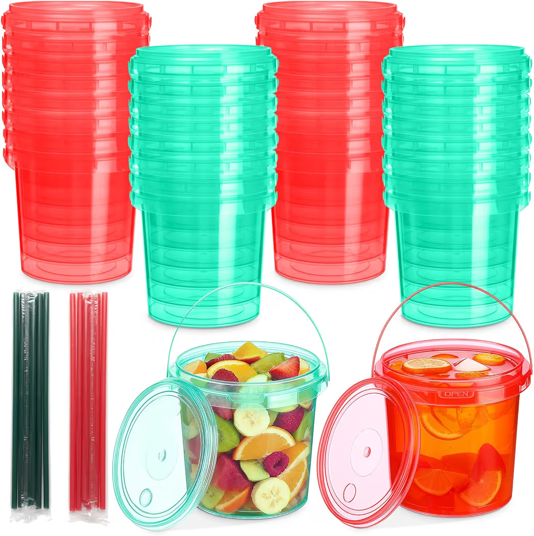 32 oz Plastic Rum Buckets for Drinks with 100 Straws Ice Cream Cocktail Bucket with Lids and Hand... | Amazon (US)