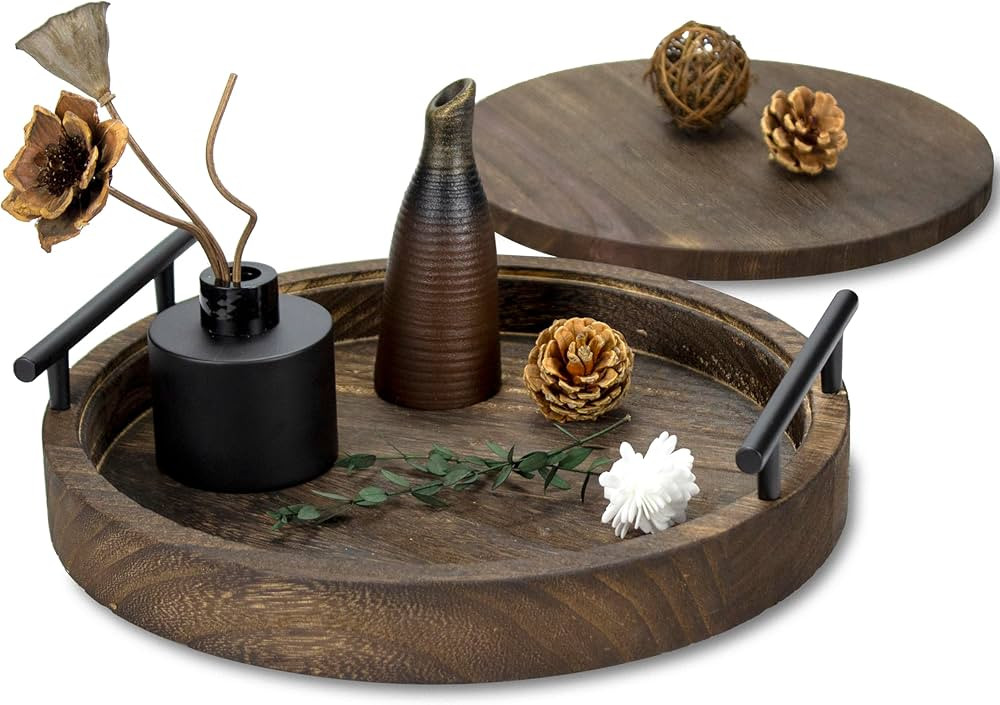 Set of 2 Decorative Tray for Coffee Table, Living Room Decor, 12in Rustic Brown Round Wooden Tray... | Amazon (US)