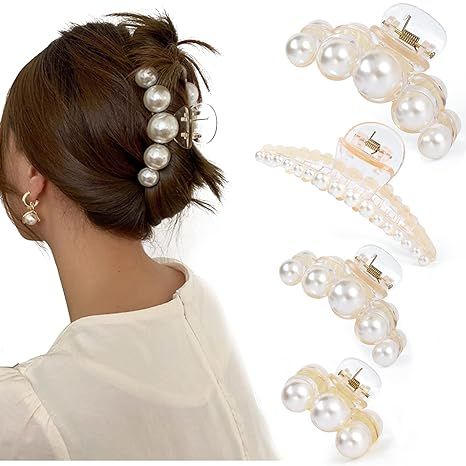 Mehayi 4 PCS Large Pearl Hair Claw Clips for Women Girls, Hair Barrette Clamps for Thick Thin Hai... | Amazon (US)