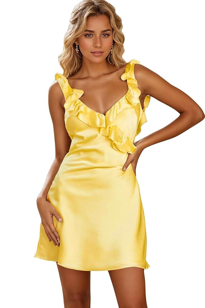 JNXIANGW Satin Homecoming Dresses Mini Cocktail Party Dresses V-Neck A-Line Short Prom Dresses | Amazon (US)