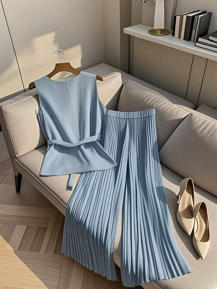 Franclia Women Casual Waist Belt Sleeveless V-Neck Top & Pleated Elastic Waist Straight Leg Pants... | SHEIN