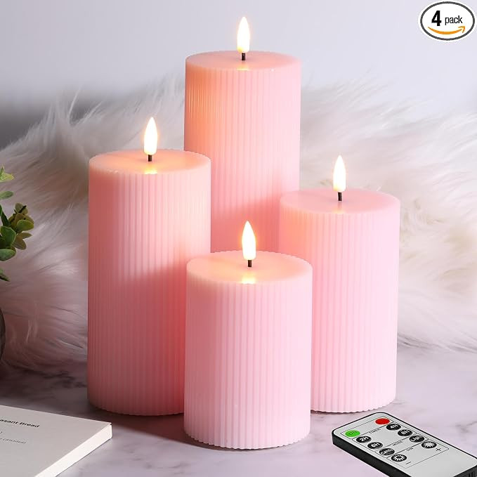 Girimax Pink Ribbed Flameless Pillar Candles with Remote, Flat Top Flickering LED Wax Battery Can... | Amazon (US)