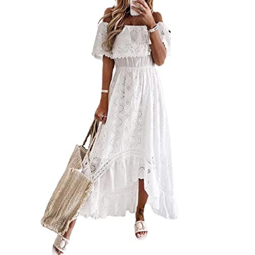 Boho Summer Dresses for Women, Off The Shoudler Floral Long Maxi Beach Dresses A-line Flowy Casual Vacation Dresses for Women Beach Wedding Party White-Off Shoulder L | Amazon (US)