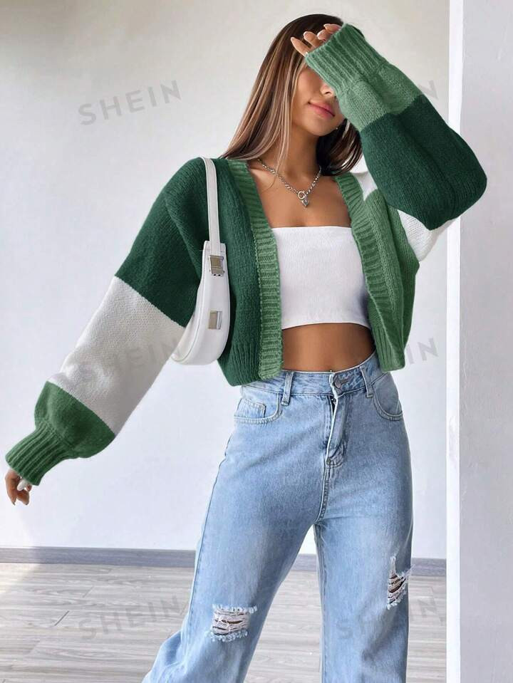 SHEIN EZwear Loose And Casual Colorblock Front Open Cardigan | SHEIN