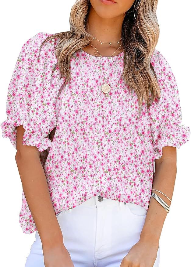 Zeagoo Womens Blouses Dressy Casual Spring Floral Print Crewneck Smocked Puff Short Sleeve Shirts | Amazon (US)