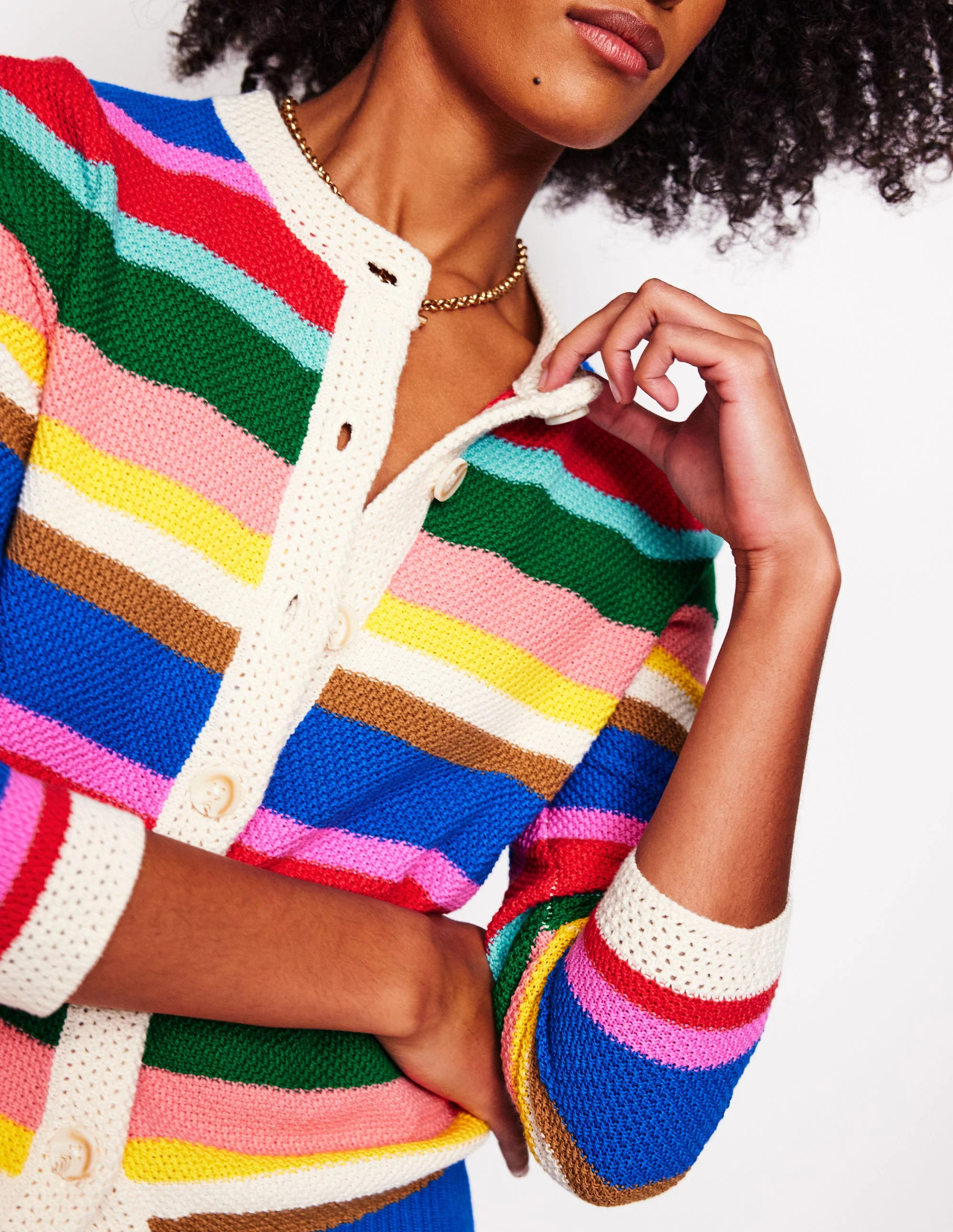 Callie Crochet Trim Cardigan-Bright Rainbow Stripe Large | Boden UK