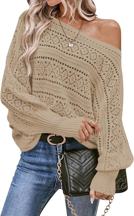 Cakulo Womens Off The Shoulder Sweater Top Fall 2024 Oversized Knit Batwing Long Sleeve Crochet P... | Amazon (US)