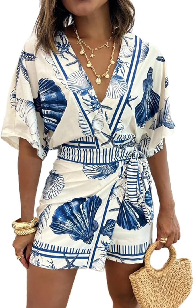REASERAL Women's Seashell Print Wrap Front Romper V Neck Short Sleeve Belted Summer Beach Vacatio... | Amazon (US)
