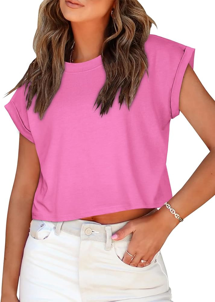 Summer Short Sleeve Crop Tops Womens Crewneck Roll Cap Sleeve T Shirts Loose Fit Basic Tees 2026 | Amazon (US)