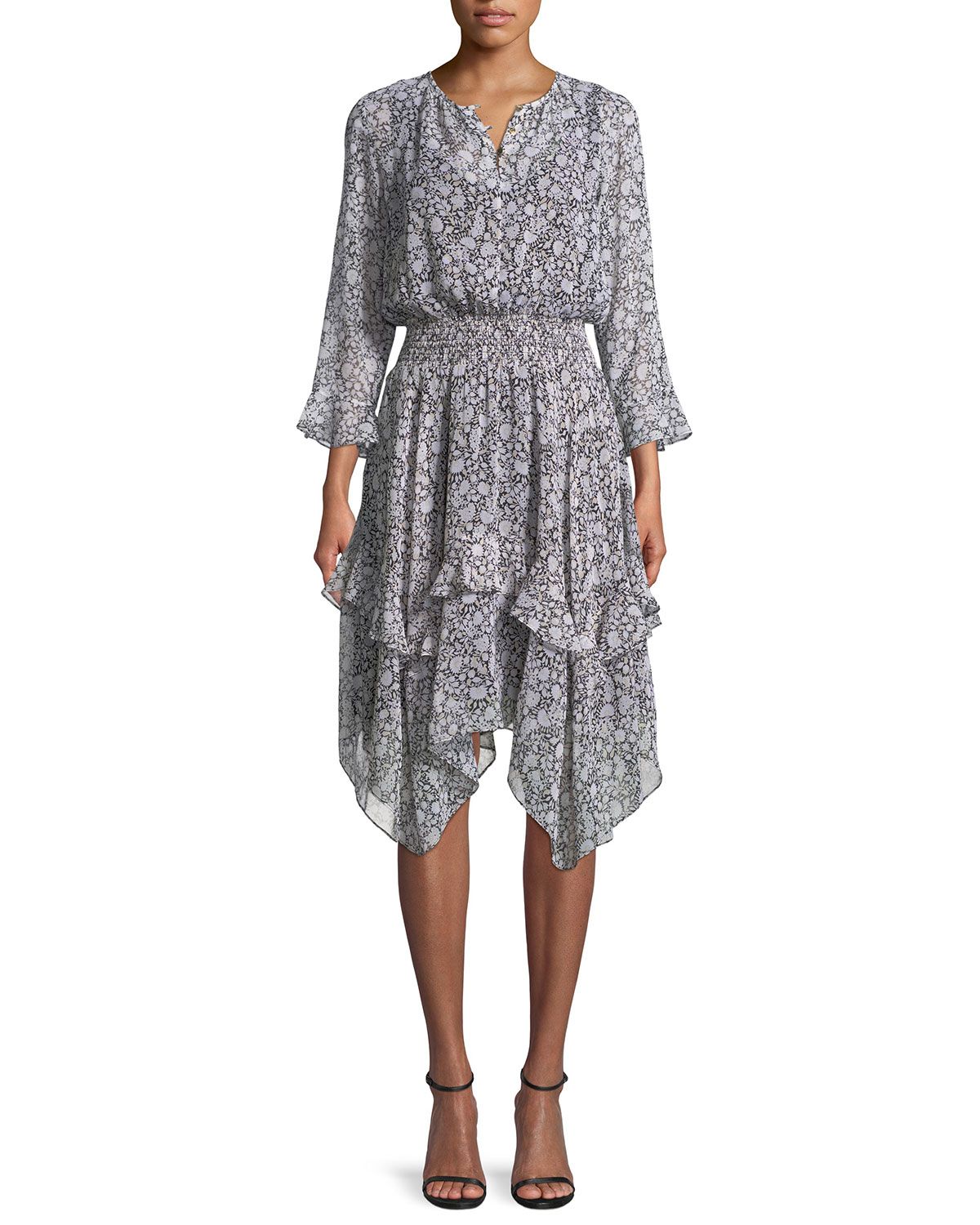 Koko Tiered Floral-Print Silk Blouson Dress | Neiman Marcus