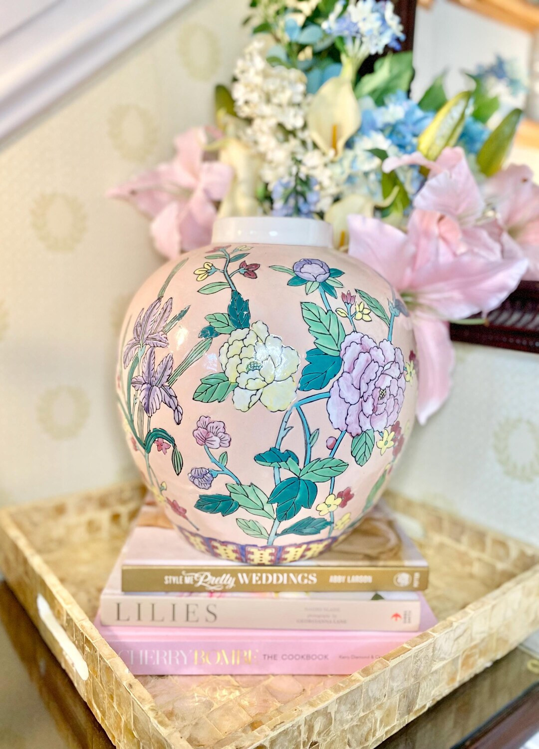 Gorgeous Peach Pink Large Vintage Chinoiserie Ceramic Floral Iris Peonies Flower Ginger Jar Vase ... | Etsy (US)