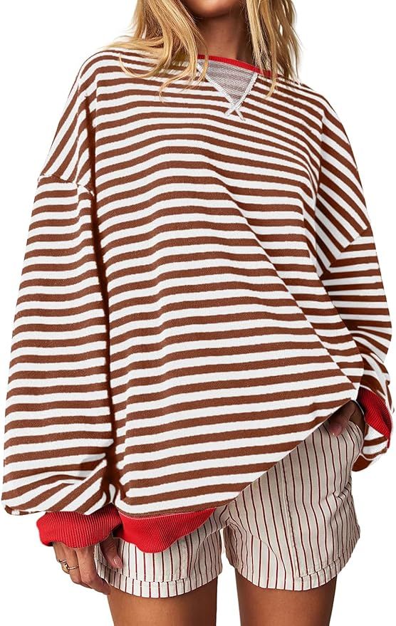 Fisoew Womens Striped Oversized Sweatshirt Color Block Crew Neck Long Sleeve Shirt Casual Loose P... | Amazon (US)