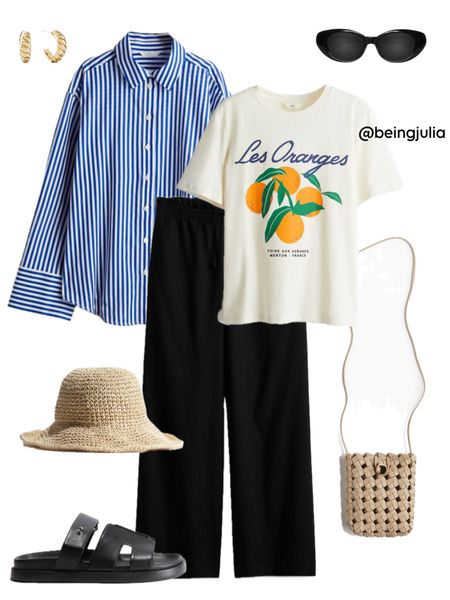 Summer outfit inspiration! An easy way to style a graphic T-shirt and a button-up shirt. Details below:

-Blue and white striped button up shirt
-Black tie-front linen wide-leg pants 
-Oversized graphic T-shirt with oranges 
-Woven bucket hat
-Black slip on chunky sandals 
-Beige woven phone crossbody bag
-Black rounded sunglasses 
-Gold croissant dome hoop earrings 



#LTKstyletip #LTKsummer #LTKspring