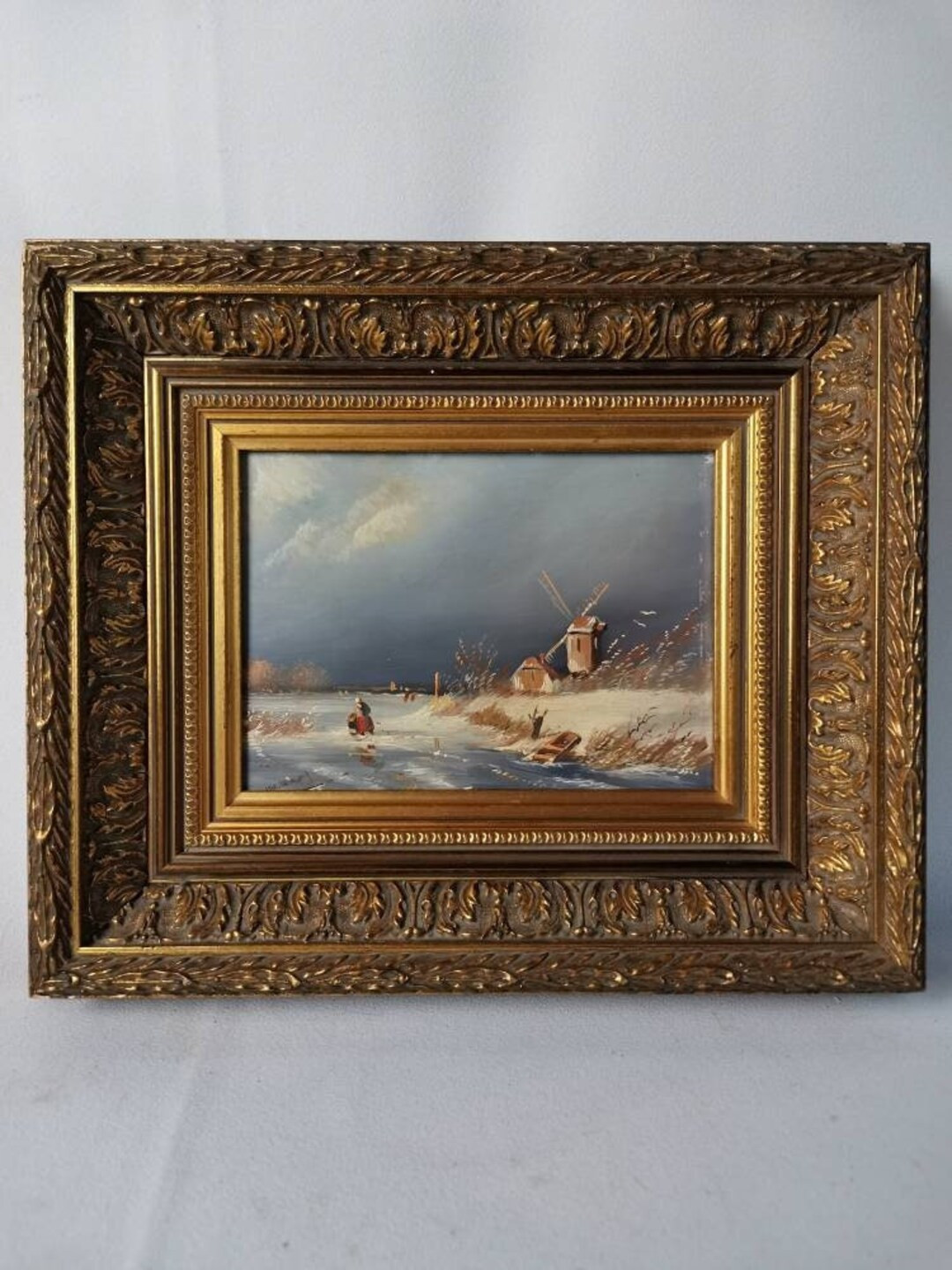 Small antique original oil painting winter landscape with snow ice skaters mill and cottage van L... | Etsy (US)