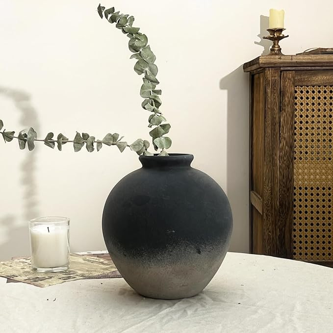 Black Ceramic Vase, 7.87 Inch Rustic Flower Vases for Home Decor, Vintage Pottery Vase for Center... | Amazon (US)