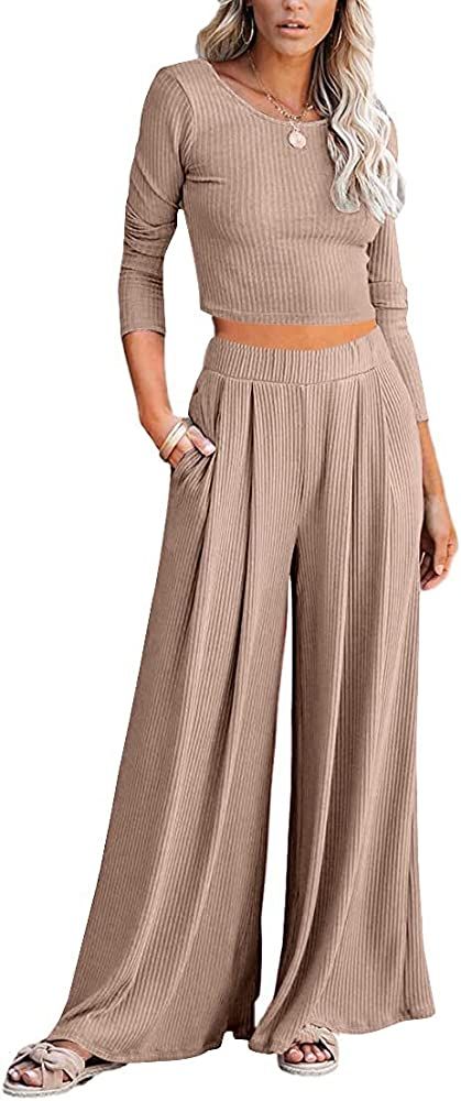 Lveberw Lounge Set Womens, Outfits Sets, Ribbed Crop Top Long Sleeve, Palazzo Pants - Loose Sweat... | Amazon (US)