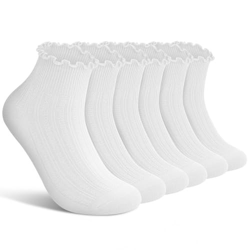 wernies Ruffle Socks Womens 6 Pairs,Cute Ankle Lettuce Edge Frilly Athletic Crew Socks 5-8.5 White | Amazon (US)