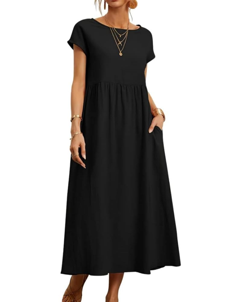 HOTYD Cotton Linen Dress for Women Summer Short Sleeve Boho Midi Dress Crew Neck Baggy Tunic Beac... | Amazon (US)