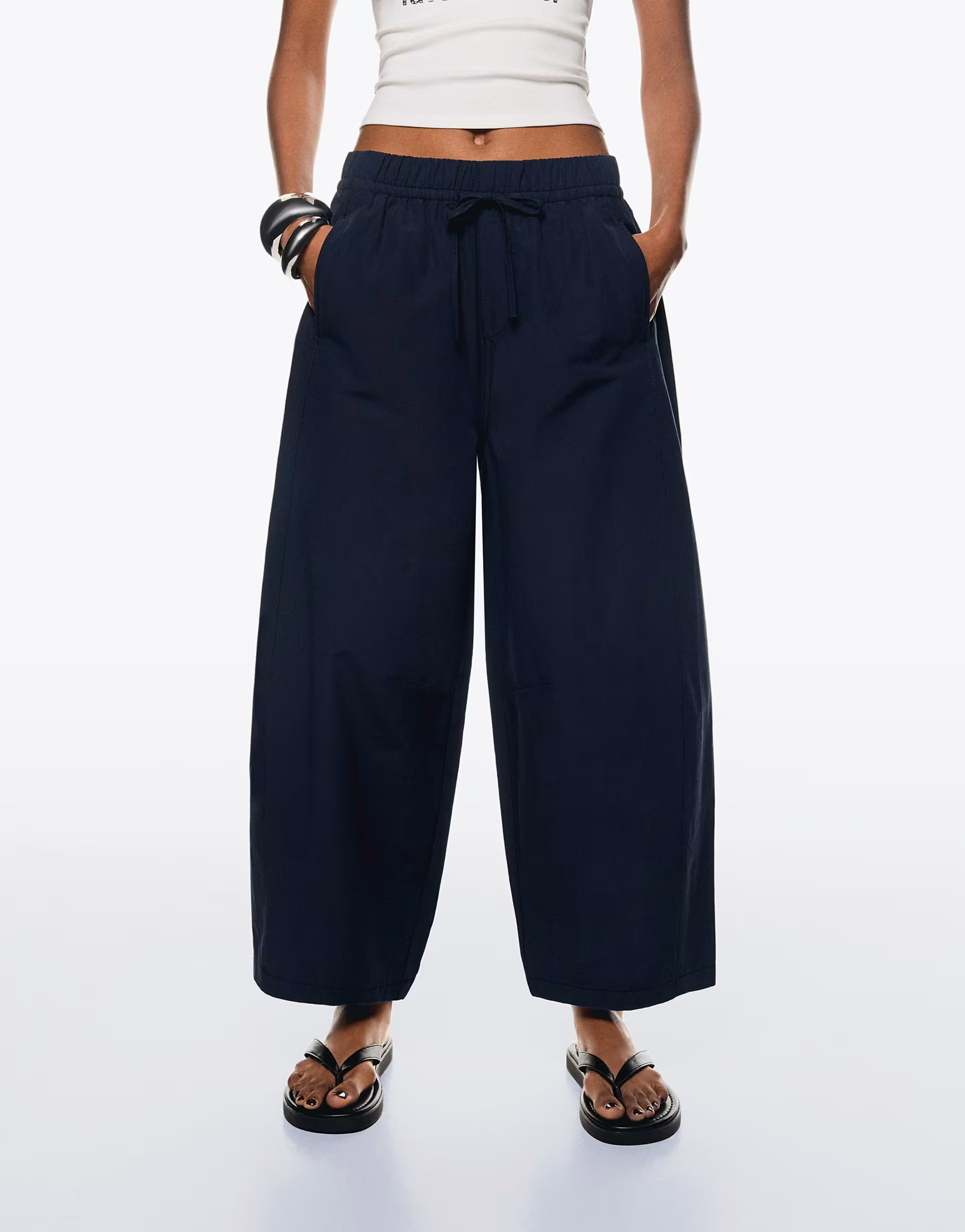 Bershka cropped barrel leg trousers in navy | ASOS (Global)