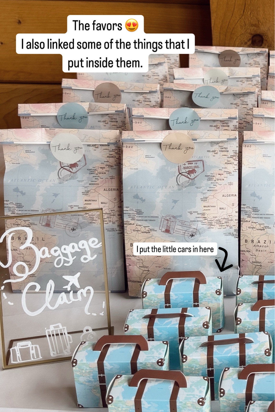 Baby boy first birthday party favors goodie bags, baggage claim sign, luggage suitcases globe map travel world hot wheels, cars, squishy’s many globes, stickers, passport, journal, notebook

#LTKParties #LTKBaby #LTKKids