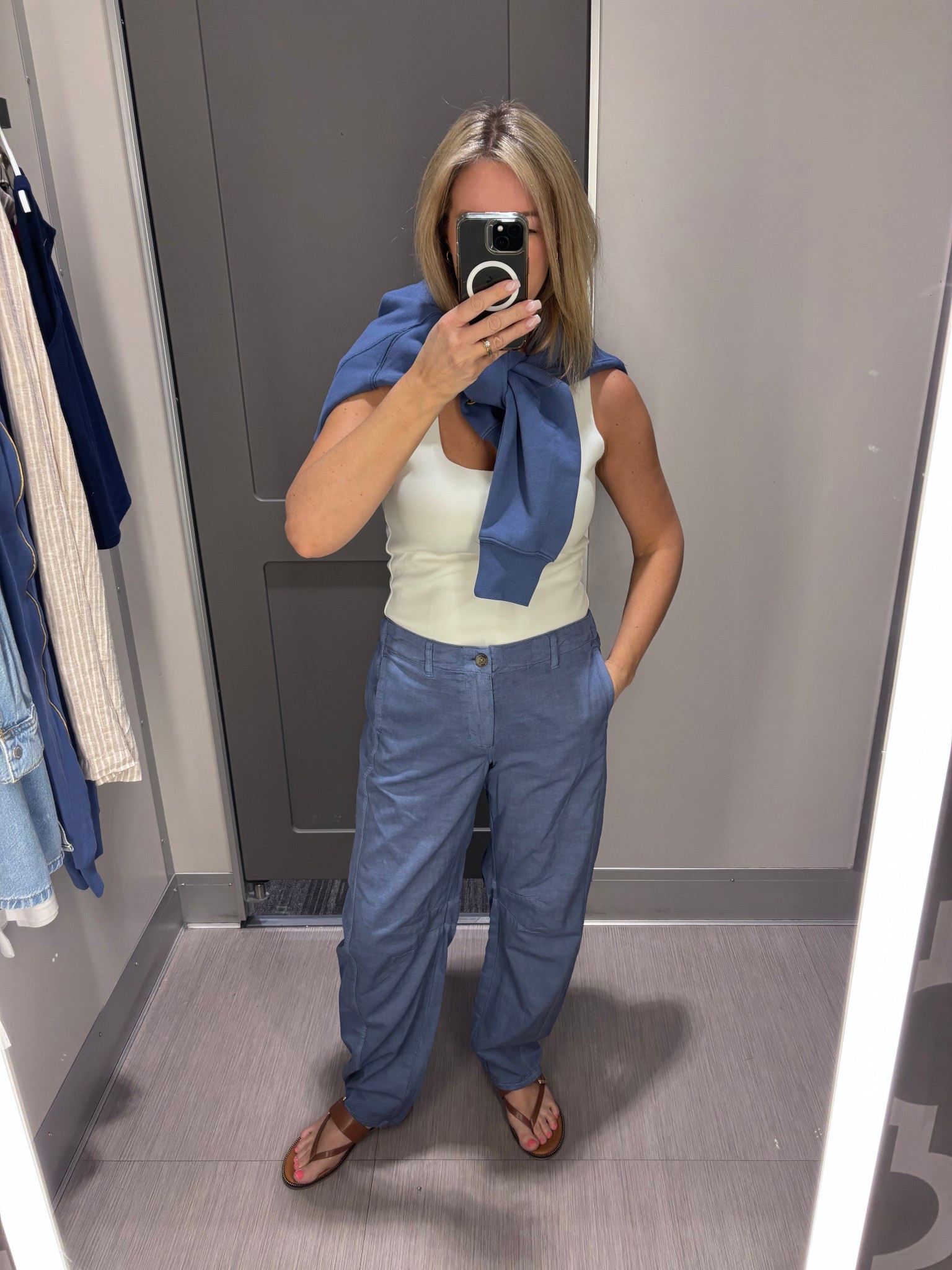 Barrel leg cargo pants in blue

Elasticized waist in the back, lightweight and comfy

Fleece crewneck sweater in blue - also comes in other colors 

#LTKmomlife #LTKspring #LTKPetite