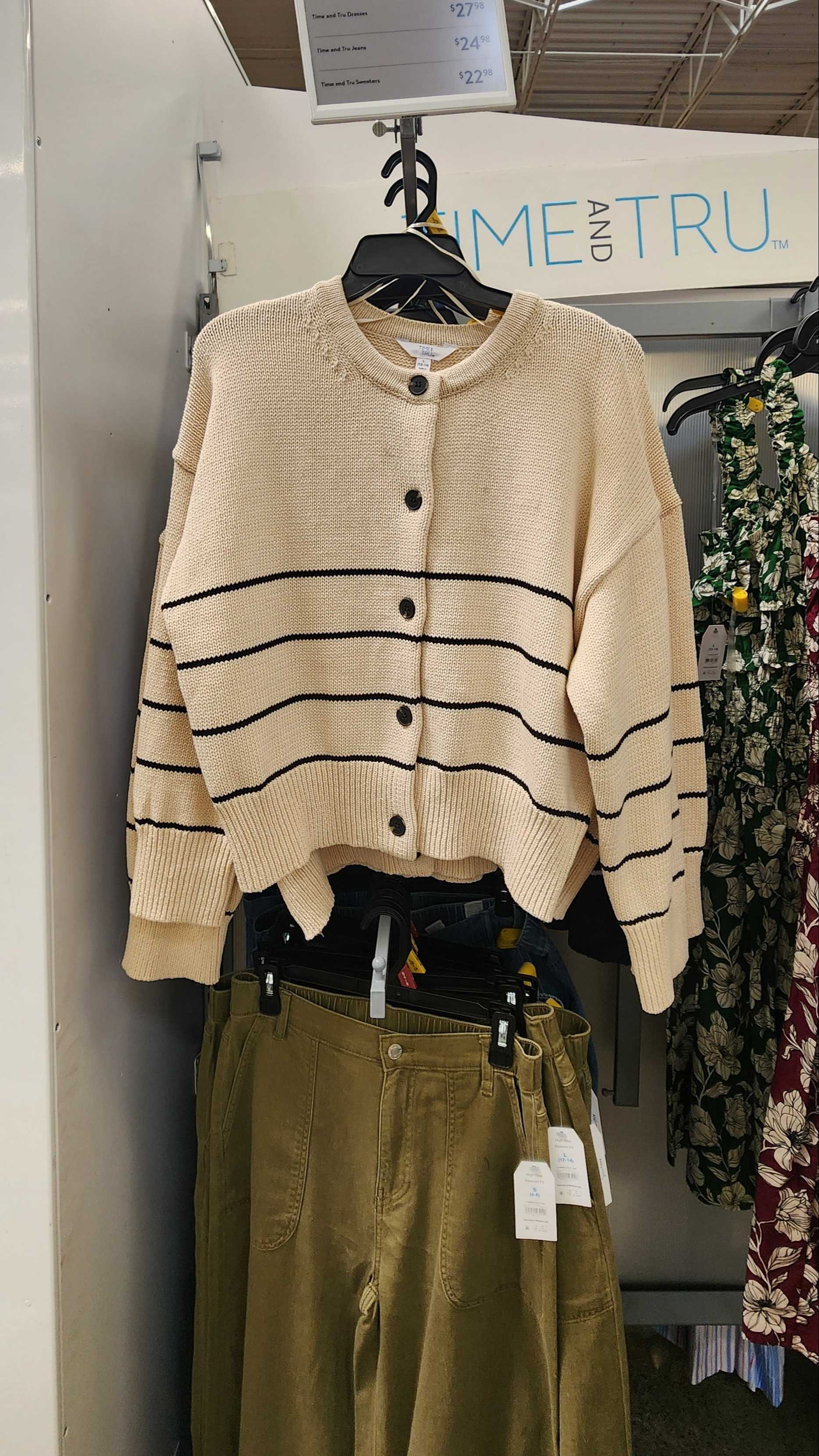 Walmart time and tru beige stripe fall cardigan, also in navy with white stripes, capsure wardrobe worthy, fall essentials on a budget 

 #LTKootd #LTKSeasonal #LTKOver40