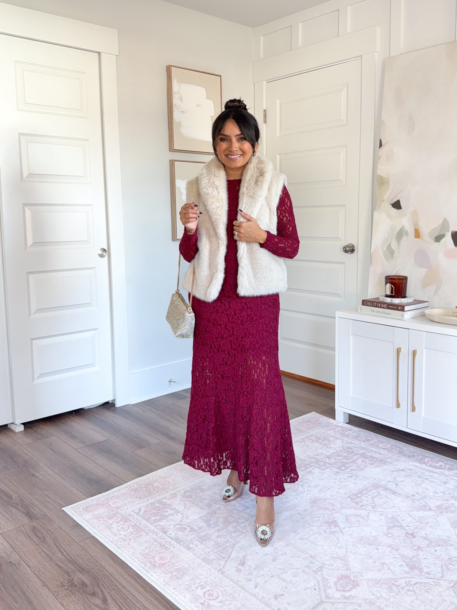 Faux fur vest size xs petite TTS
Burgundy lace maxi dress size xs regular TTS - i wanted a ful length maxi so i went with the regular length! 
Rhinestone clear heels - old, similar linked


#LTKSaleAlert #LTKPetite #LTKHoliday