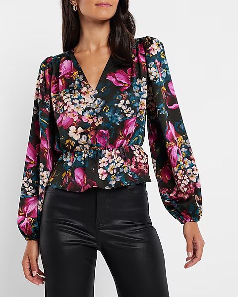 Floral Print Faux Wrap Peplum Top | Express