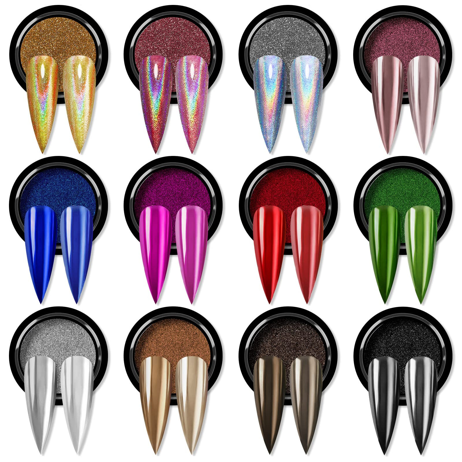 Saviland Chrome Nail Powder Set - 12 Jars Holographic Green Silver Gold Red Chrome Powder Metallic M | Amazon (US)