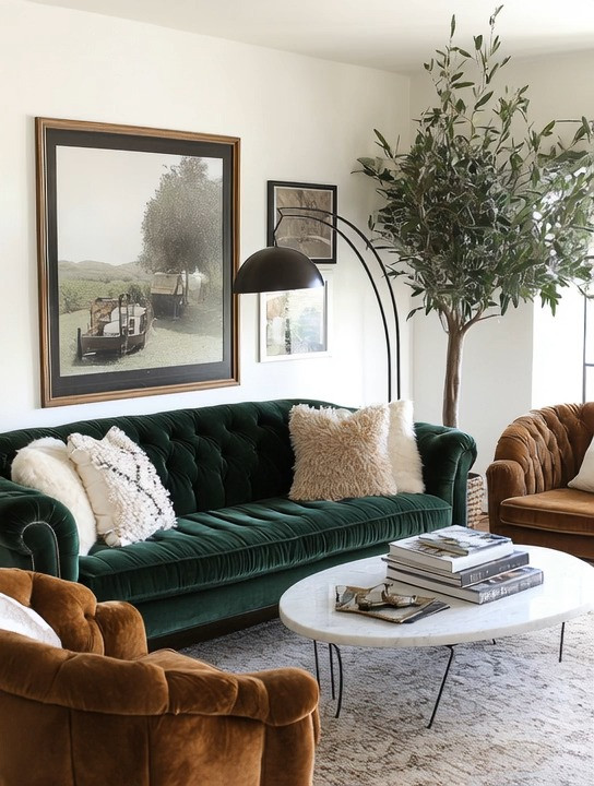 An emerald velvet sofa. A warm taupe-brown chair. A timeless marble coffee table. An olive tree standing quietly in the corner.

This is what modern European elegance looks like.

A well-designed living room should feel collected — not purchased in one afternoon. It should reflect a well-traveled, well-cultured point of view. Rich textures. Natural materials. A balance of old-world warmth and modern simplicity.

The emerald adds depth. The brown brings warmth. The marble introduces refinement. And the olive tree? It tells a Mediterranean story without saying a word.

Modern living isn’t minimal. It’s meaningful.

#EuropeanInspired #EmeraldSofa #ModernLivingRoom #CollectedHome #TimelessInteriors #MarbleCoffeeTable #OliveTreeDecor #LuxuryLiving #LayeredLiving #ElegantHome 

 #LTKHome