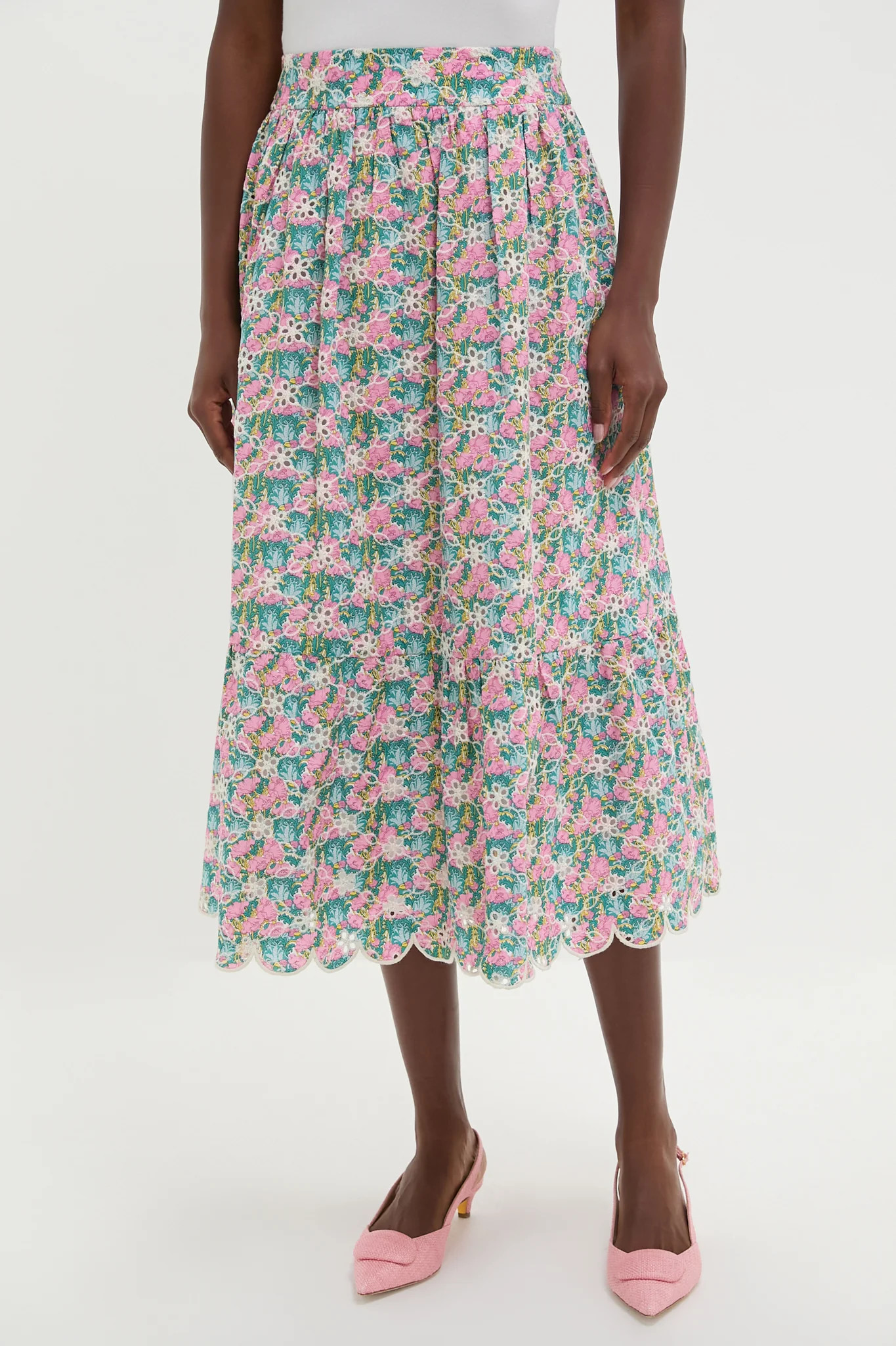 Pink Multi Floral Scalloped Carter Midi Skirt | Tuckernuck (US)