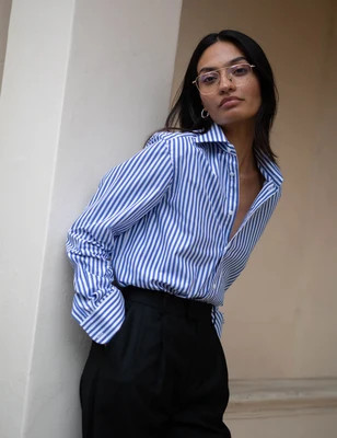 The Boyfriend: Fine Poplin, Royal Blue Stripe | With Nothing Underneath