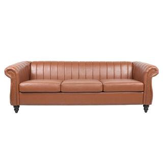 sumyeg 32.5 in. Round Arm Rolled Arm PU Leather Chesterfield 3-Seater Curved Sofa with Reversible... | The Home Depot