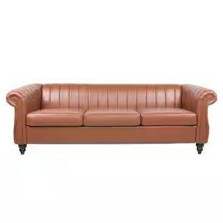 sumyeg 32.5 in. Round Arm Rolled Arm PU Leather Chesterfield 3-Seater Curved Sofa with Reversible... | The Home Depot