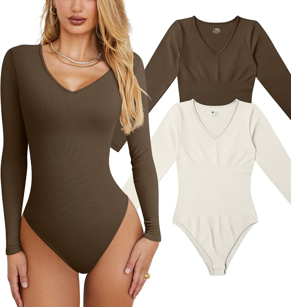 OQQ Women's 2 Piece Bodysuits Sexy Ribbed T Shirt One Piece V Neck Long Sleeve Bodysuits | Amazon (US)