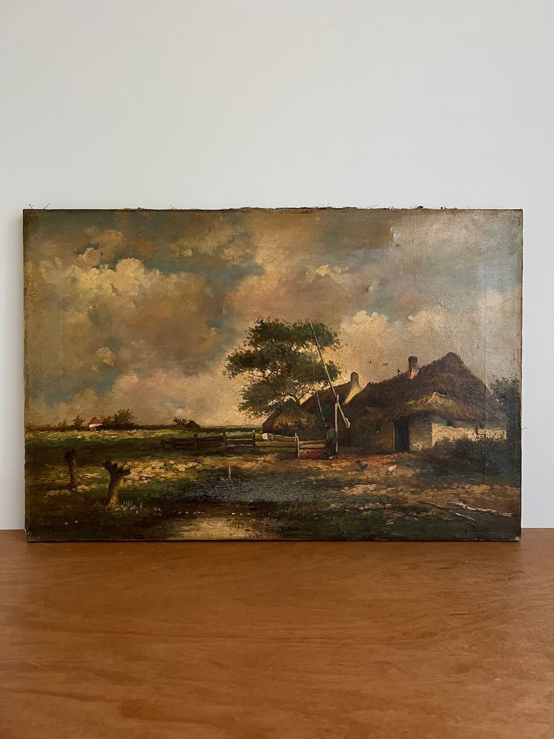 Antique Dutch oil painting, moody landscape with farmer and chickens in farmyard, thatched farm h... | Etsy (US)