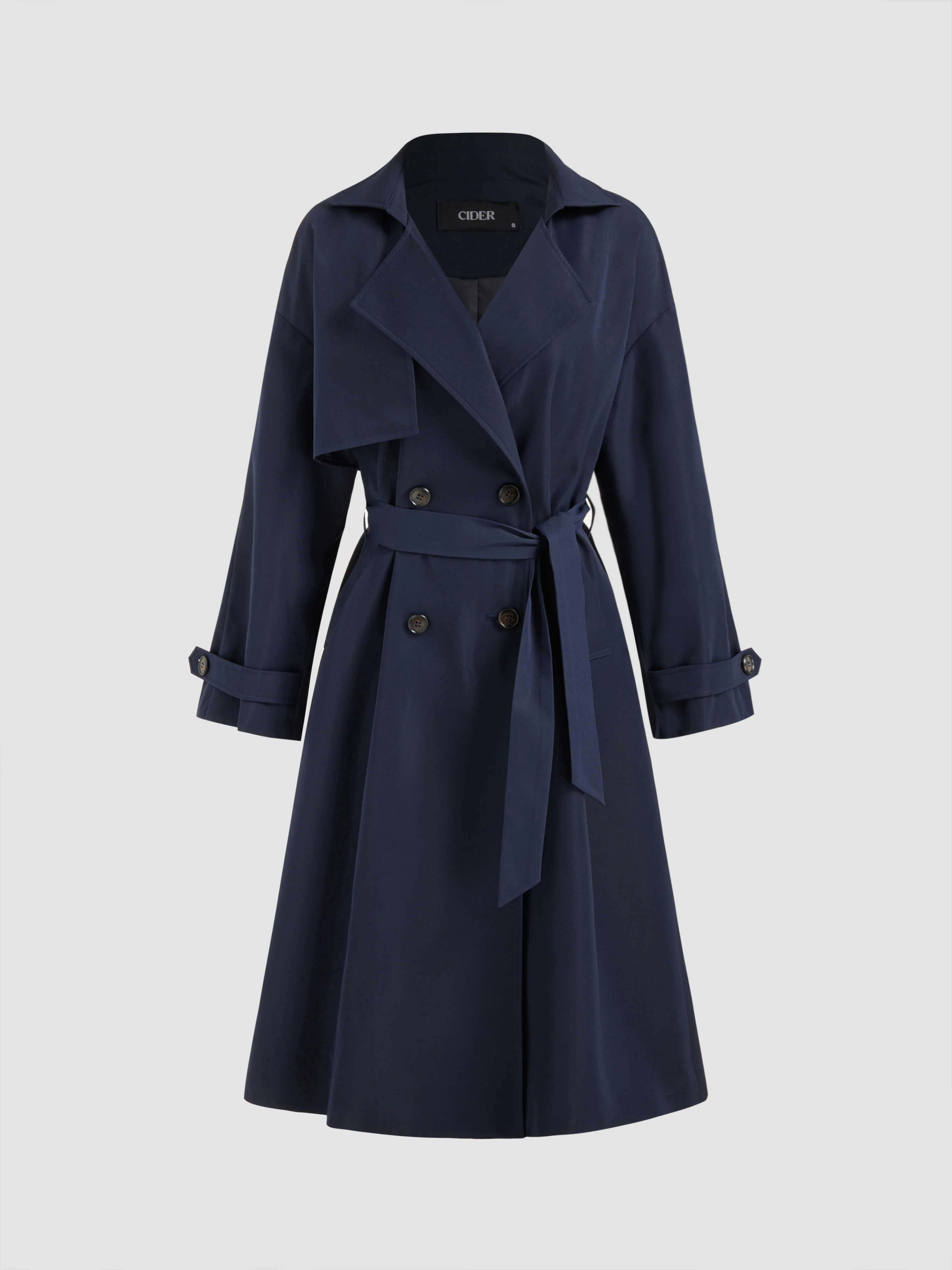 Collar Solid Button Pocket Trench Coat With Belt For Daily Casual Work | Cider