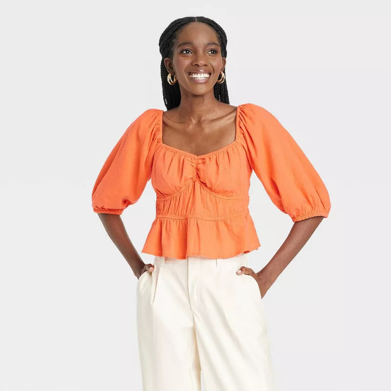 Women's Puff Elbow Sleeve Linen Shirt - A New Day™ | Target