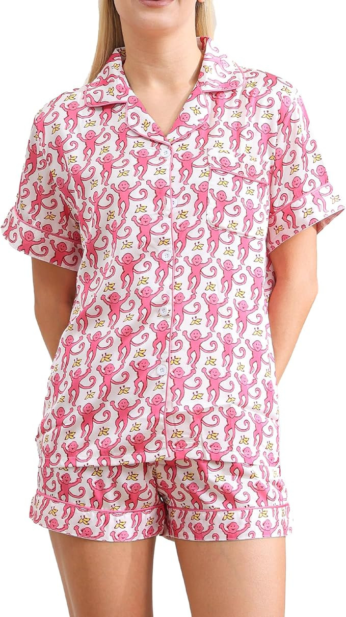 Women Y2k Pajamas Set Silk Satin Short Sleeve Button Down Top and Shorts Monkey Sleepwear Preppy ... | Amazon (US)