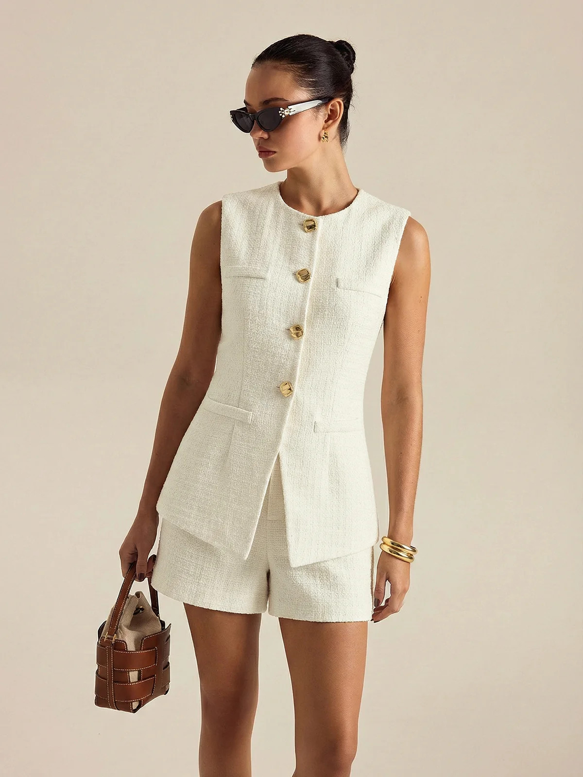 Metal Button Tweed Vest & Shorts Set | Commense