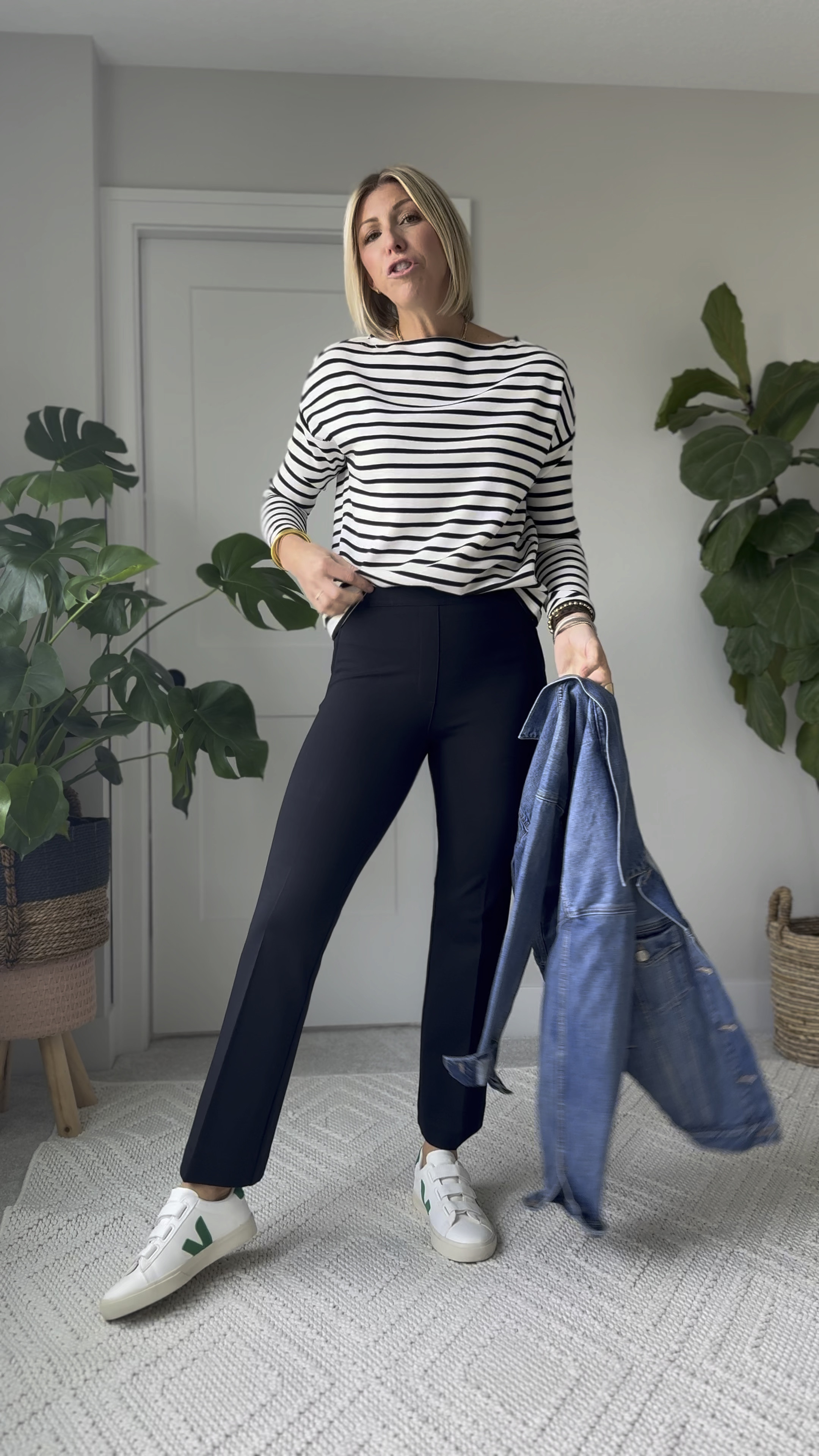 How to dress down black pants for a travel day or everyday with a stripe tee, sneakers + denim jacket! 
use my code: SARAHKELLYXSPANX for 10% off the stripe top + black pants 👍🏻

#LTKOver40 #LTKTravel #LTKWorkwear