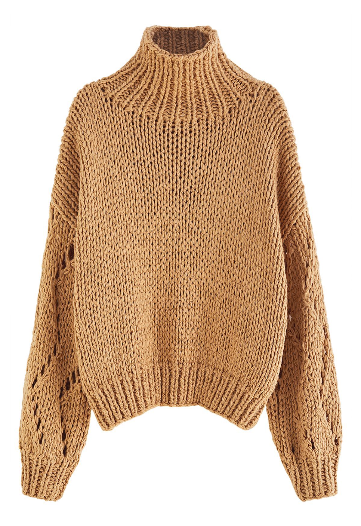 Pointelle Sleeve High Neck Hand-Knit Sweater in Tan | Chicwish
