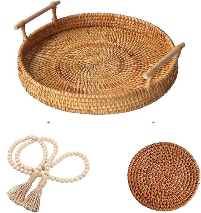 Round Decorative Tray | Free Wood Bead Garland & Coasters | Rattan, Wicker, Woven Serving Trays |... | Amazon (US)