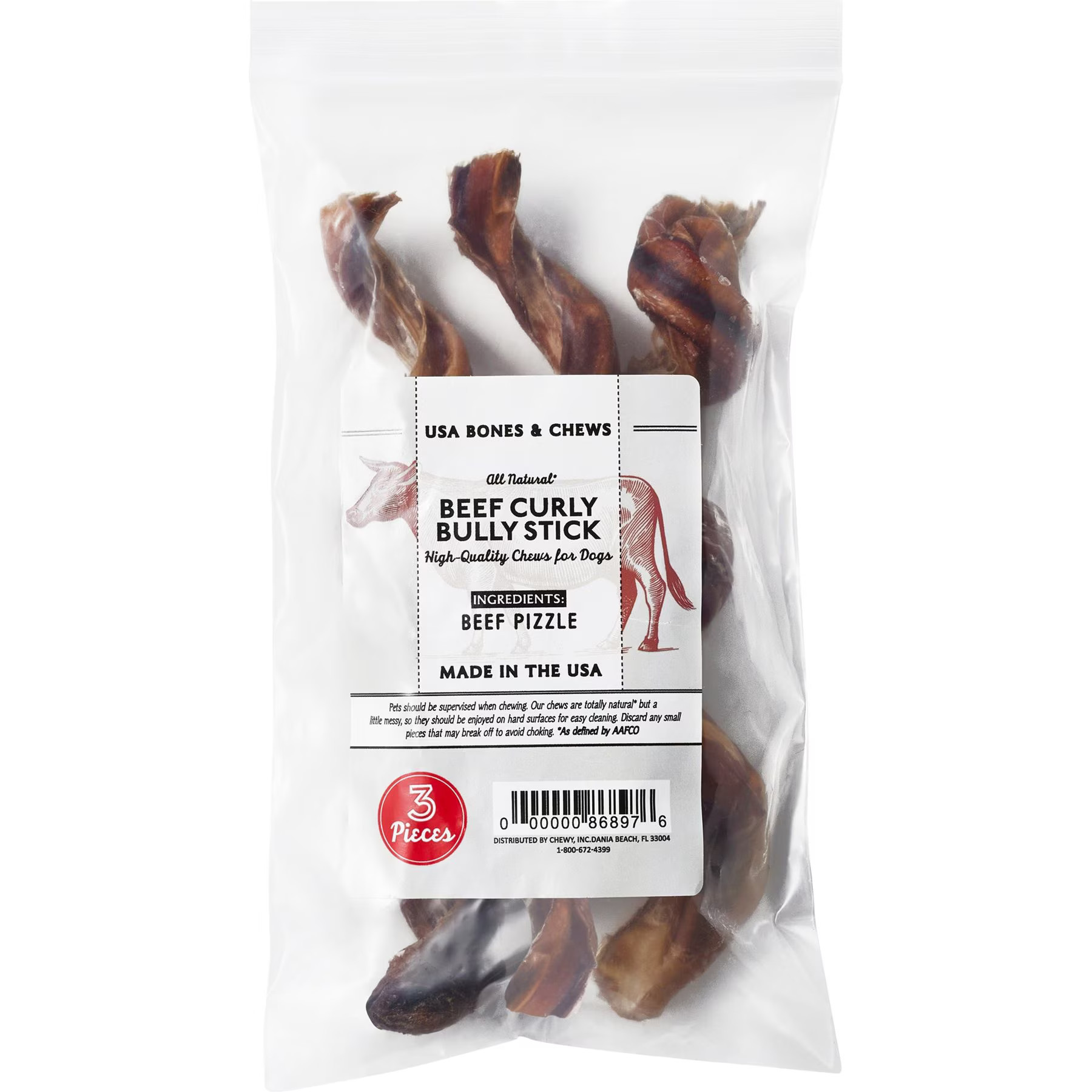 Bones & Chews Made in USA Curly Bully Stick 6-9" Dog Chew Treats, 3 count | Chewy