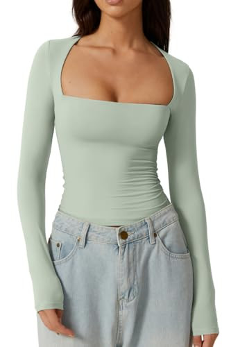 QINSEN Y2K Top for Women Sexy Square Neck Going Out Tops Long Sleeve Fitted T Shirts Smoke Green L | Amazon (US)