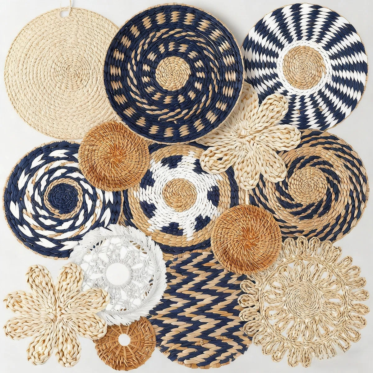 Boho Wall Decor 15 Pcs, Blue Handwoven Seagrass Wall Baskets, Rustic Round Woven Hanging Art For ... | Wayfair North America